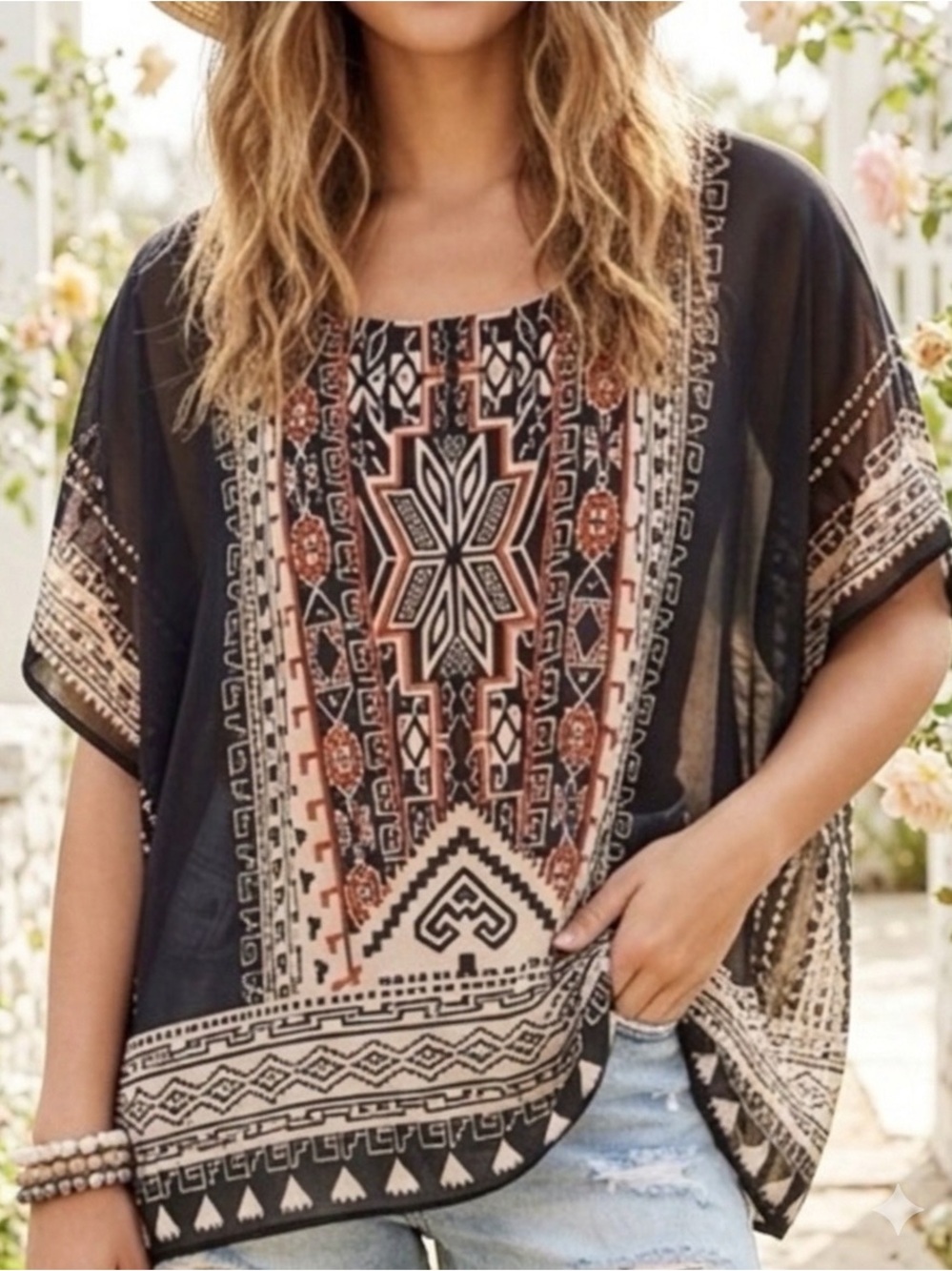Forever 21 Tribal Print Poncho Top Sheer Boho Whimsygoth Festival S oversized